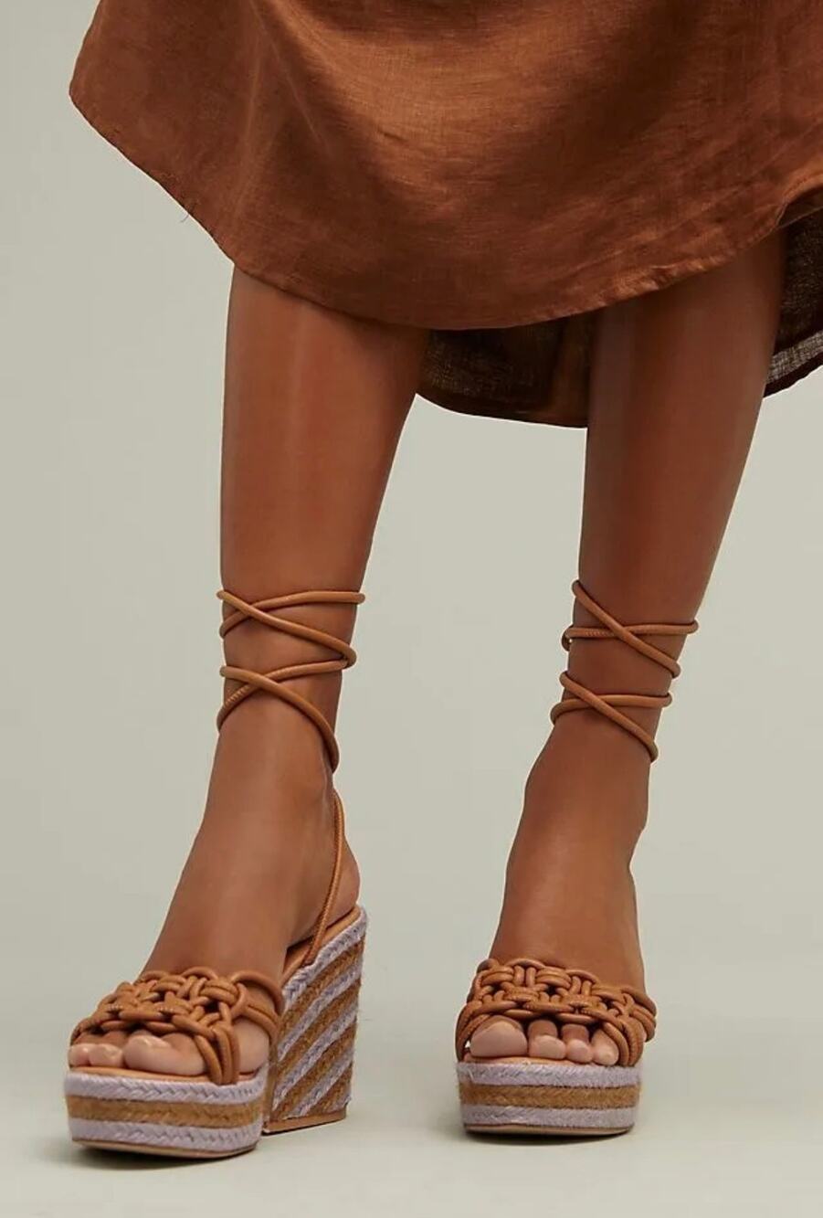 Anthropologie Raffia Purple Brown Woven Espadrille Platform Lace Up Sandals 9